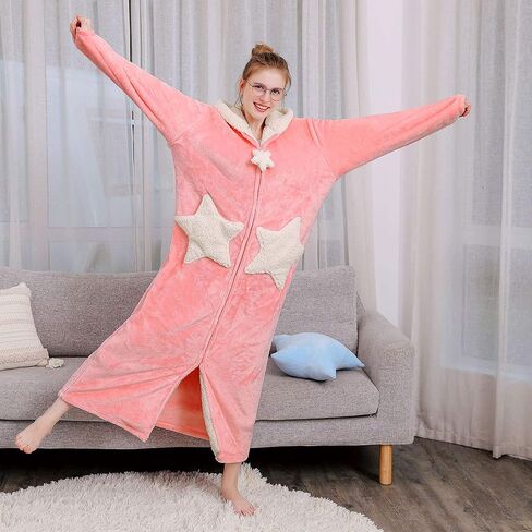 Hellomamma Womens Robe Reted Blasted Shipper Flannel Bathrobes Housecoat Ladies Plush Fleece Warm Sleepy Long Pajamas Lightgown in Kuwait