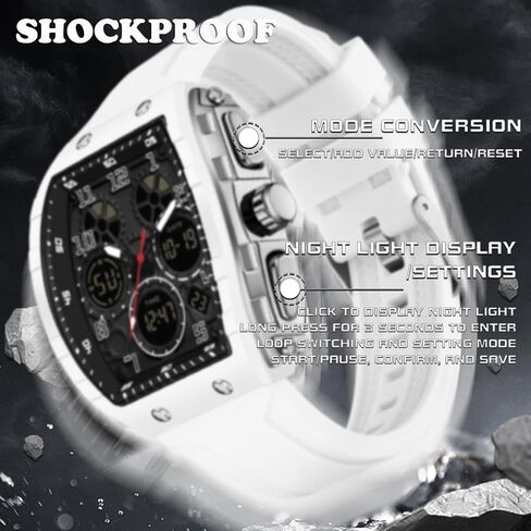 WitnTime Watches for Men Relojes Relojes Para Hombres White Wristwatch with Digital Thans Dual Display Display Countdown Punk Punk Design 5ATM مقاوم للماء in Kuwait