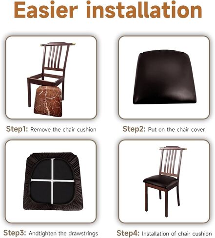 Waterproof Seat Covers for Dining Chairs Soft PU Leather Dining Chair Seat Covers set of 4, Durable and Wipeable Kitchen Chair Slipcover Protector with Elastic Band for Dining Room (Coffee, 4Pcs) in Kuwait