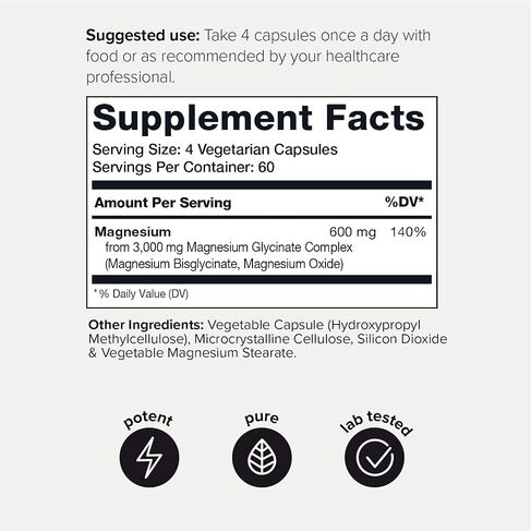 Toniiq 3,000mg Ultra High Strength Magnesium Glycinate - 20% Purified to Contain 600mg of Elemental Magnesium - Chelated and Bioavailable Magnesium Supplement - 240 Veggie Capsules in Saudi Arabia