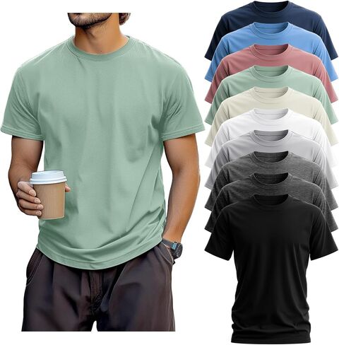 10 Pack Men's Big and Tall Shirt Short Sleeve Cotton Tee Loose Fit Top in Kuwait