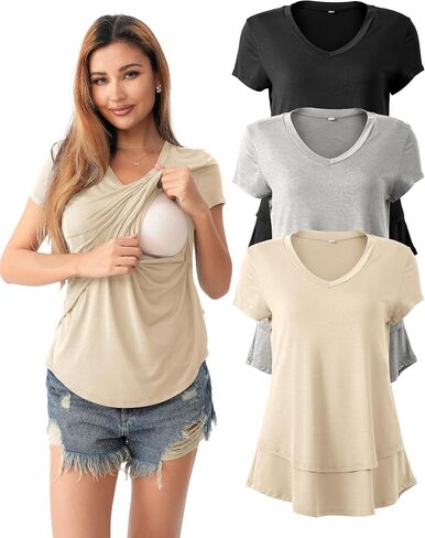 SUNNYBUY 3 Pack Hidden Nursing Tops for Breastfeeding Women Double Layer V Neck Maternity Shirts Postpartum Tee in Saudi Arabia
