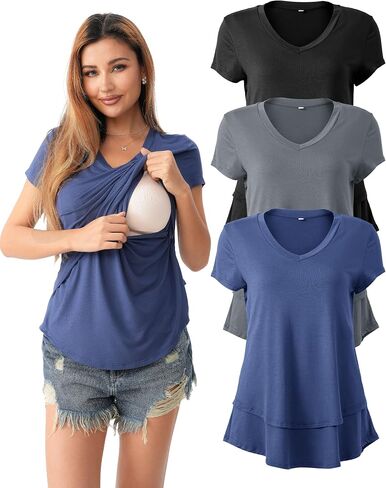 SUNNYBUY 3 Pack Hidden Nursing Tops for Breastfeeding Women Double Layer V Neck Maternity Shirts Postpartum Tee in Saudi Arabia