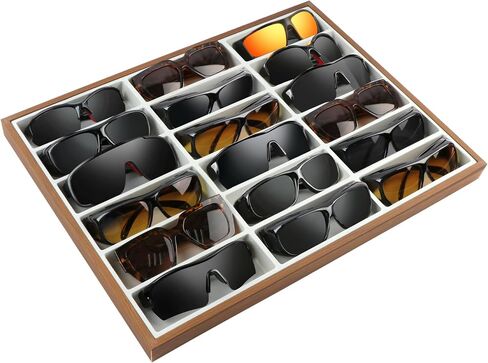 Homeanda Wooden Sunglasses Organizer Tray, Eyeglasses Display Case, Sun Glasses Storage Box, Eyewear Jewelry Tray, Wood Frame Glasses Holder (18 Grids) in Saudi Arabia