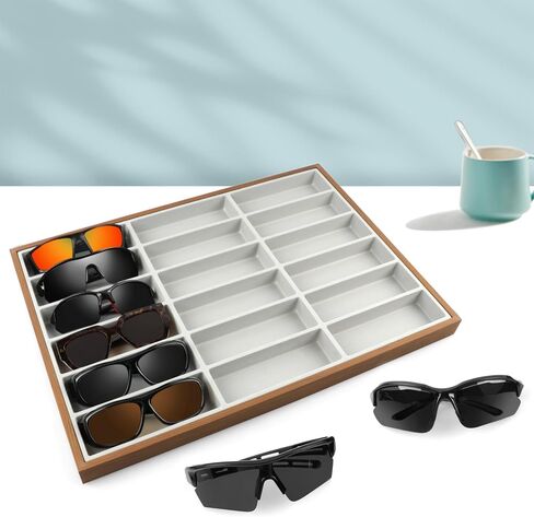 Homeanda Wooden Sunglasses Organizer Tray, Eyeglasses Display Case, Sun Glasses Storage Box, Eyewear Jewelry Tray, Wood Frame Glasses Holder (18 Grids) in Saudi Arabia