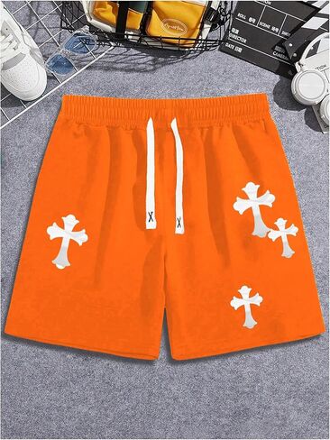 شورت Floerns الرجالي برباط الخصر وطباعة متقاطعة فضفاضة مناسبة للتمرين in Kuwait