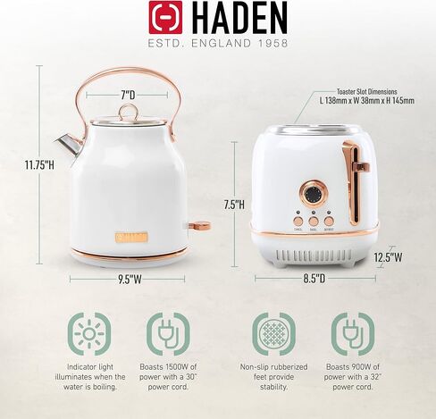 محمصة خبز Haden Heritage ذات شريحتين بفتحة واسعة مع غلاية كهربائية قديمة من الفولاذ المقاوم للصدأ سعة 1.7 لتر للمنزل والمطبخ وأجهزة الطبخ الصغيرة in Kuwait