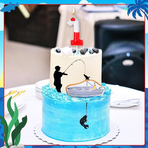 Mtlee Fishing Birthday Cake Topper Gone Fishing Cake Decorations for Fisherman Party Supplies Red Bobber Number Number For Mens ’Retirement Supplies (Number 1) in Kuwait