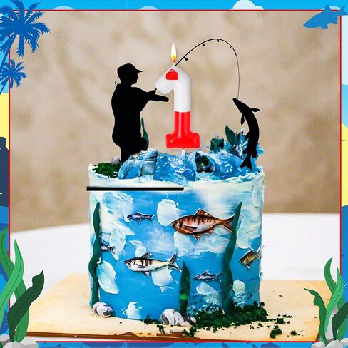 Mtlee Fishing Birthday Cake Topper Gone Fishing Cake Decorations for Fisherman Party Supplies Red Bobber Number Number For Mens ’Retirement Supplies (Number 1) in Kuwait