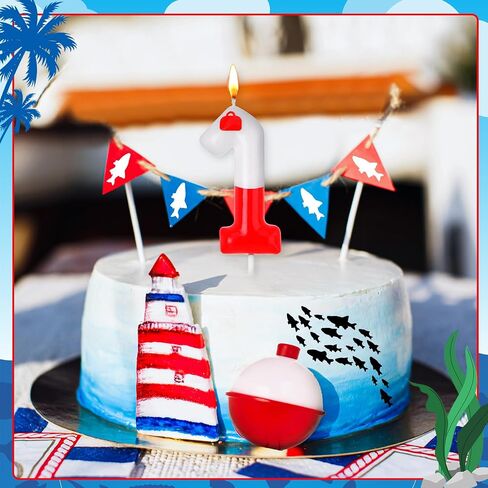 Mtlee Fishing Birthday Cake Topper Gone Fishing Cake Decorations for Fisherman Party Supplies Red Bobber Number Number For Mens ’Retirement Supplies (Number 1) in Kuwait
