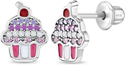 925 Sterling Silver Colorful Enamel & Cubic Zirconia Cupcake Screw Back Earrings for Girls - Kids Jewelry With CZ Stones - Perfect Toddler Hypoallergenic Earrings in Saudi Arabia