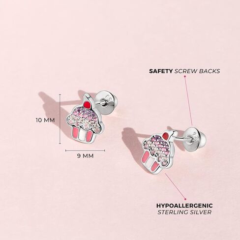 925 Sterling Silver Colorful Enamel & Cubic Zirconia Cupcake Screw Back Earrings for Girls - Kids Jewelry With CZ Stones - Perfect Toddler Hypoallergenic Earrings in Saudi Arabia