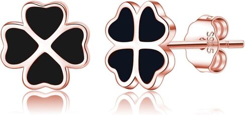 Reffeer Solid 925 Sterling Silver Leaf Clover Earrings Studs for Women Teen Girls Black Leaf Stud Earrings Clover in Saudi Arabia