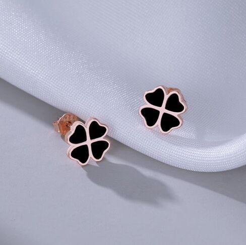 Reffeer Solid 925 Sterling Silver Leaf Clover Earrings Studs for Women Teen Girls Black Leaf Stud Earrings Clover in Saudi Arabia