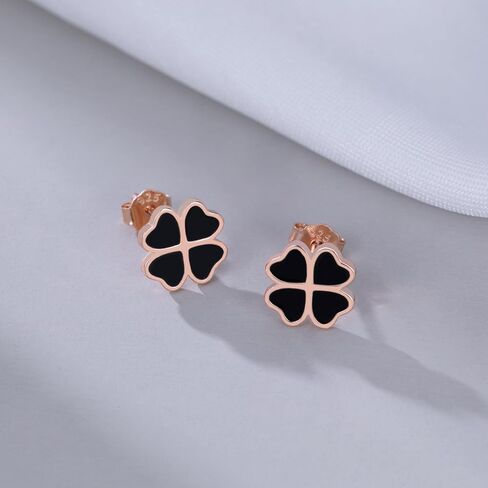 Reffeer Solid 925 Sterling Silver Leaf Clover Earrings Studs for Women Teen Girls Black Leaf Stud Earrings Clover in Saudi Arabia