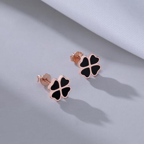 Reffeer Solid 925 Sterling Silver Leaf Clover Earrings Studs for Women Teen Girls Black Leaf Stud Earrings Clover in Saudi Arabia