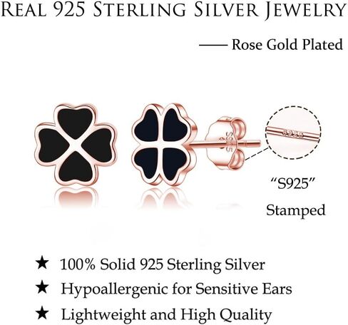 Reffeer Solid 925 Sterling Silver Leaf Clover Earrings Studs for Women Teen Girls Black Leaf Stud Earrings Clover in Saudi Arabia