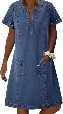 Chartou Women Denim Dress Short Sleeve Mini Jean Dress Jumper Babydoll Summer Shift Dress in Kuwait