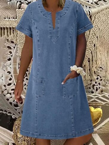 Chartou Women Denim Dress Short Sleeve Mini Jean Dress Jumper Babydoll Summer Shift Dress in Kuwait