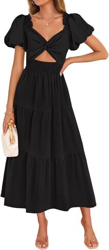 ZESICA Womens Summer 2025 Boho Vacation Dress Short Puff Sleeve Flowy Smocked Cutout A Line Beach Party Dresses in Saudi Arabia