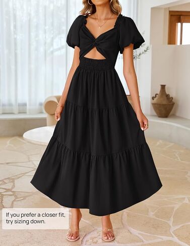 ZESICA Womens Summer 2025 Boho Vacation Dress Short Puff Sleeve Flowy Smocked Cutout A Line Beach Party Dresses in Saudi Arabia