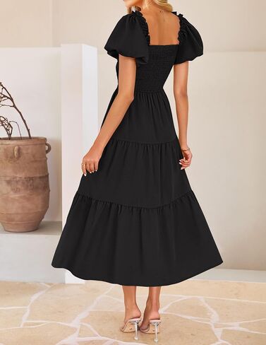 ZESICA Womens Summer 2025 Boho Vacation Dress Short Puff Sleeve Flowy Smocked Cutout A Line Beach Party Dresses in Saudi Arabia