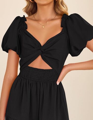 ZESICA Womens Summer 2025 Boho Vacation Dress Short Puff Sleeve Flowy Smocked Cutout A Line Beach Party Dresses in Saudi Arabia