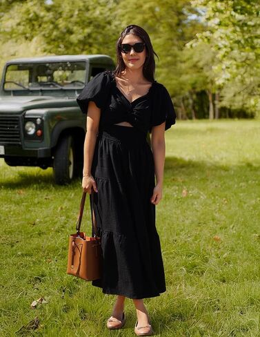 ZESICA Womens Summer 2025 Boho Vacation Dress Short Puff Sleeve Flowy Smocked Cutout A Line Beach Party Dresses in Saudi Arabia