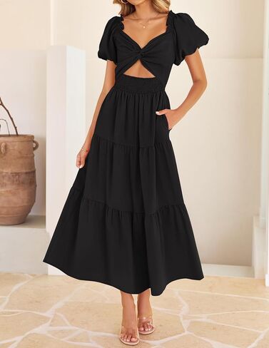 ZESICA Womens Summer 2025 Boho Vacation Dress Short Puff Sleeve Flowy Smocked Cutout A Line Beach Party Dresses in Saudi Arabia