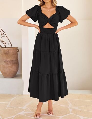 ZESICA Womens Summer 2025 Boho Vacation Dress Short Puff Sleeve Flowy Smocked Cutout A Line Beach Party Dresses in Saudi Arabia