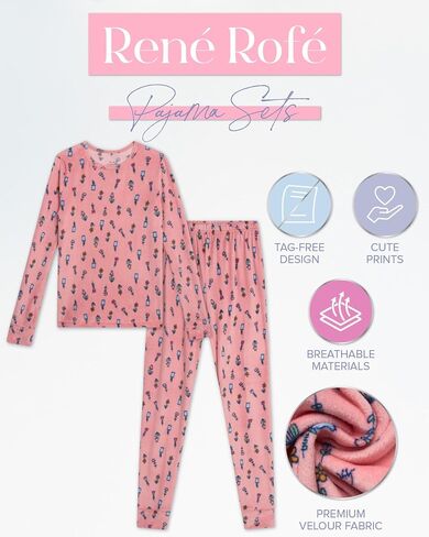 مجموعة Pajama للفتيات Rene Rofe - قميص نوم طويل في Velor Long Sleeve و Pajama Pants - ملابس نوم مريحة للفتيات (4-12) in Saudi Arabia