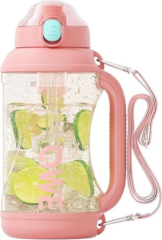 QWE Gym Water Bottle Large Capacity with Handle holder strap,high-capacity,67.6oz,Heat-resisting,Reusable,PPSU BPA Free,Double drinking with straw leak proof, for Travel, School, Outdoors (Pink) in Saudi Arabia