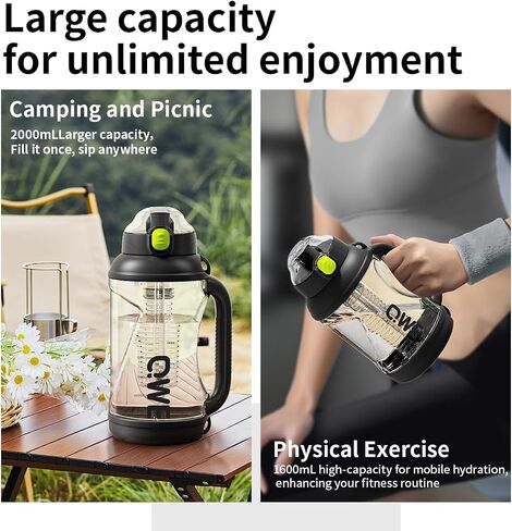 QWE Gym Water Bottle Large Capacity with Handle holder strap,high-capacity,67.6oz,Heat-resisting,Reusable,PPSU BPA Free,Double drinking with straw leak proof, for Travel, School, Outdoors (Pink) in Saudi Arabia