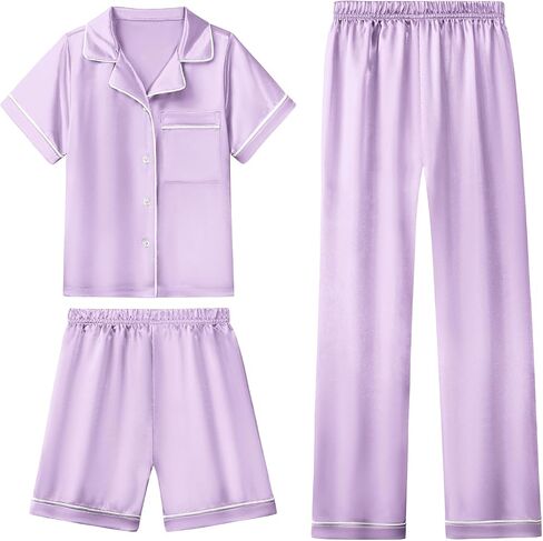 LQSZ 3-Piece Girls Pajamas Set Soft Silk Satin Short Sleeve Button-Down Sleepwear Nightwear Loungewear for Kids 3-12 Years in Kuwait