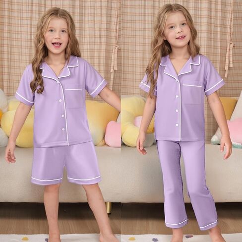 LQSZ 3-Piece Girls Pajamas Set Soft Silk Satin Short Sleeve Button-Down Sleepwear Nightwear Loungewear for Kids 3-12 Years in Kuwait