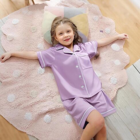 LQSZ 3-Piece Girls Pajamas Set Soft Silk Satin Short Sleeve Button-Down Sleepwear Nightwear Loungewear for Kids 3-12 Years in Kuwait