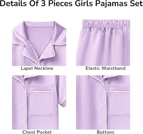 LQSZ 3-Piece Girls Pajamas Set Soft Silk Satin Short Sleeve Button-Down Sleepwear Nightwear Loungewear for Kids 3-12 Years in Kuwait