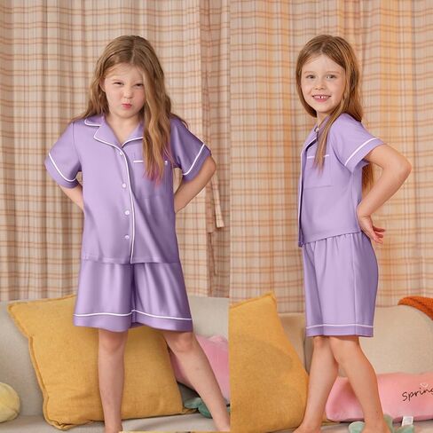 LQSZ 3-Piece Girls Pajamas Set Soft Silk Satin Short Sleeve Button-Down Sleepwear Nightwear Loungewear for Kids 3-12 Years in Kuwait