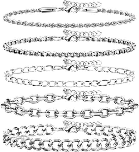 5PCS Stainless Steel Bracelets for Men, Silver Gold Black Sturdy Cuban Link Box Rope Chain Paperclip Figaro Bracelet for Women Men Jewelry Set in Saudi Arabia