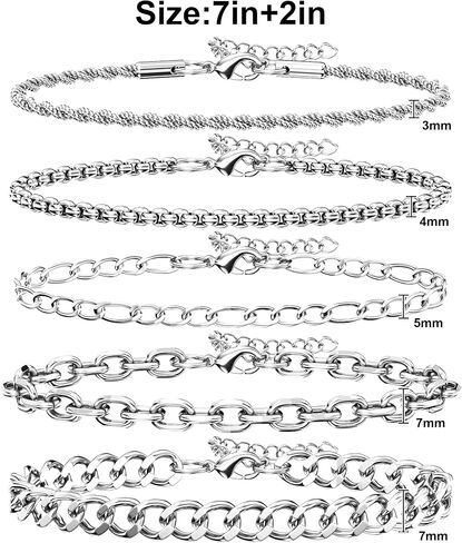 5PCS Stainless Steel Bracelets for Men, Silver Gold Black Sturdy Cuban Link Box Rope Chain Paperclip Figaro Bracelet for Women Men Jewelry Set in Saudi Arabia