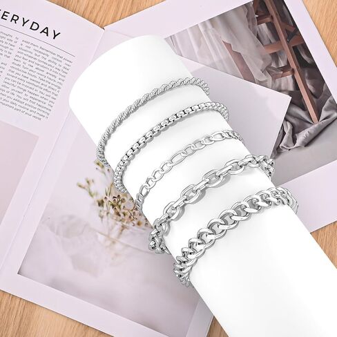 5PCS Stainless Steel Bracelets for Men, Silver Gold Black Sturdy Cuban Link Box Rope Chain Paperclip Figaro Bracelet for Women Men Jewelry Set in Saudi Arabia