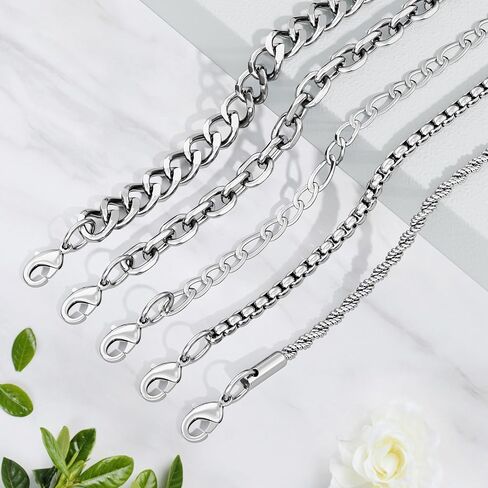 5PCS Stainless Steel Bracelets for Men, Silver Gold Black Sturdy Cuban Link Box Rope Chain Paperclip Figaro Bracelet for Women Men Jewelry Set in Saudi Arabia