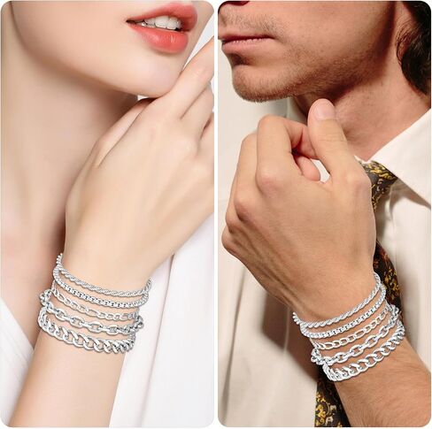 5PCS Stainless Steel Bracelets for Men, Silver Gold Black Sturdy Cuban Link Box Rope Chain Paperclip Figaro Bracelet for Women Men Jewelry Set in Saudi Arabia