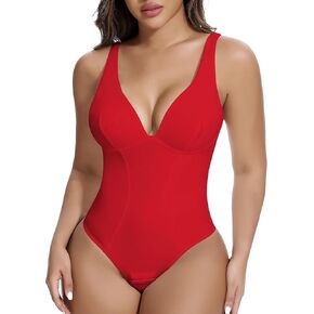 SHAPERIN Women's Deep V Neck Shapewear Bodysuit Double Lined Plunge Low Back Tummy Control Thong Backless Body Shaper