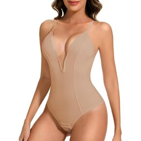 Deep V Neck Shapewear Bodysuits for Women Tummy Control Shapewear Thong Low Back Body Shaper