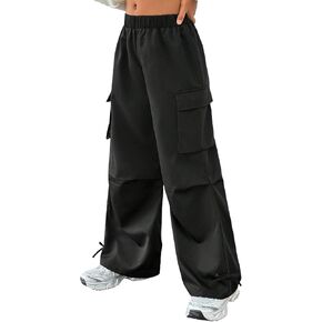 OYOANGLE Girl's Elastic Waist Flap Pocket Cargo Pants Straight Leg Trousers Y2K Parachute Pants