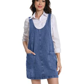 Women Denim Overall Dress Jean Jumper Dress High Roller Skirtall Mini Vintage Casual Overalls with Pockets