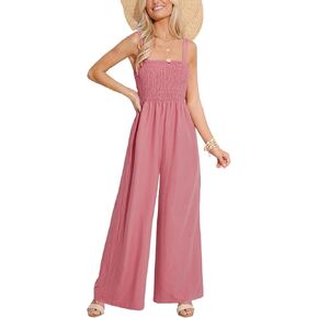 CUPSHE Women's Overall Jumpsuit Square Neck Cami Straps Smocked Sleeveless Wide Leg Romper Casual Dressy Outfit