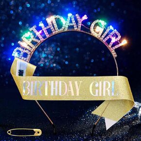 Light Up Birthday Girl Headbands Gold Rhinestones Crowns and Sash Led Birthday Halo Crown Glitter Accessories Sets for Women