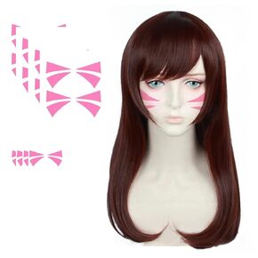 D.Va Brown Cosplay Wig with Tattoo Stickers & Hair Net - Halloween Cosplay for Anime Fans